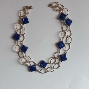 Elegant Blue and Gold Necklace Chain Links and Blue Diamond Shaped Blue Stones